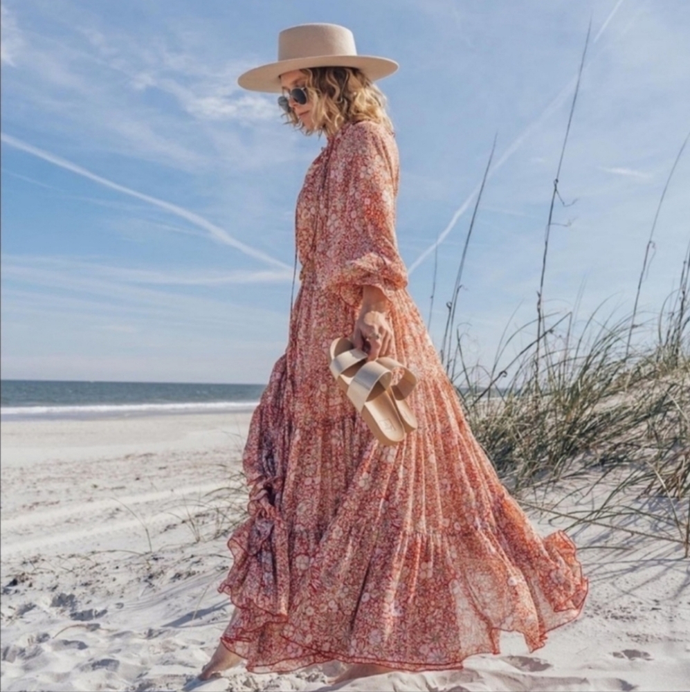 Free People Feeling Groovy Sheer Boho Western Cottage Prarie Maxi Dress Small